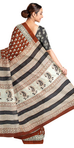 Brown Mul Cotton Saree with Floral Block Prints-Mul Cotton-parinitasarees