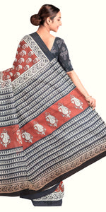 Brown Mul Cotton Saree with Floral Block Prints-Mul Cotton-parinitasarees