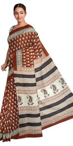 Brown Mul Cotton Saree with Floral Block Prints-Mul Cotton-parinitasarees