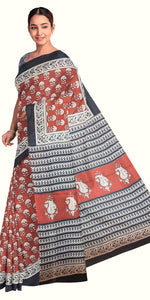 Brown Mul Cotton Saree with Floral Block Prints-Mul Cotton-parinitasarees