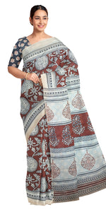 Brown Mul Cotton Saree with Traditional Block Prints-Mul Cotton-parinitasarees