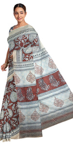 Brown Mul Cotton Saree with Traditional Block Prints-Mul Cotton-parinitasarees