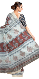 Brown Mul Cotton Saree with Traditional Block Prints-Mul Cotton-parinitasarees