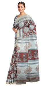 Brown Mul Cotton Saree with Traditional Block Prints-Mul Cotton-parinitasarees