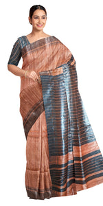 Copper Ghicha Tussar Silk Saree with Black Stripes-Tussar Saree-parinitasarees
