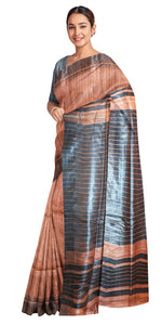 Copper Ghicha Tussar Silk Saree with Black Stripes-Tussar Saree-parinitasarees