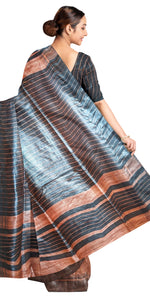 Copper Ghicha Tussar Silk Saree with Black Stripes-Tussar Saree-parinitasarees