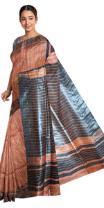 Copper Ghicha Tussar Silk Saree with Black Stripes-Tussar Saree-parinitasarees