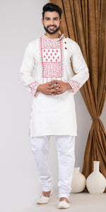 Cotton Panjabi with Floral Embroidery-Men's Kurtas-parinitasarees