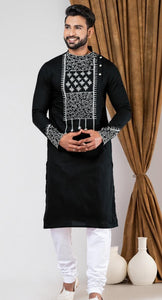 Cotton Panjabi with Floral Embroidery-Men's Kurtas-parinitasarees