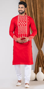 Cotton Panjabi with Floral Embroidery-Men's Kurtas-parinitasarees