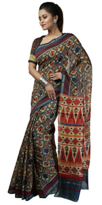 Cream Chanderi Saree with Patola Block Prints-Chanderi Sarees-parinitasarees