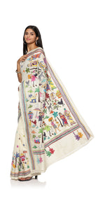 Cream Kantha Embroidered Korean Tussar Saree-Kantha saree-parinitasarees