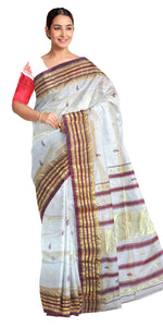 Cream Pure Silk Garad Saree with Shankha Motifs-Garad Silk-parinitasarees