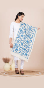 Cream Tussar Kantha Dupatta with Blue Floral Embroidery-Dupattas-parinitasarees