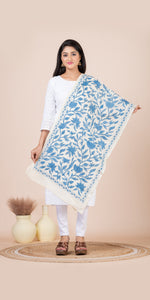 Cream Tussar Kantha Dupatta with Blue Floral Embroidery-Dupattas-parinitasarees