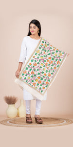 Cream Tussar Kantha Dupatta with Colourful Floral Embroidery-Dupattas-parinitasarees