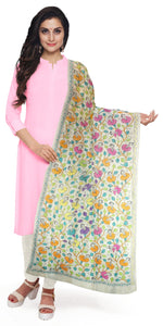 Cream Tussar Kantha Dupatta with Floral Embroidery-Dupattas-parinitasarees