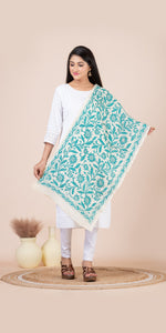 Cream Tussar Kantha Dupatta with Green Floral Embroidery-Dupattas-parinitasarees