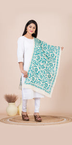 Cream Tussar Kantha Dupatta with Green Floral Embroidery-Dupattas-parinitasarees