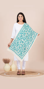 Cream Tussar Kantha Dupatta with Green Floral Embroidery-Dupattas-parinitasarees