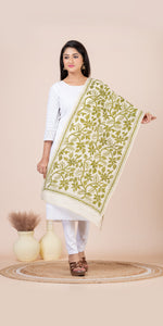 Cream Tussar Kantha Dupatta with Mehendi Floral Embroidery-Dupattas-parinitasarees
