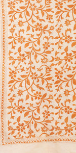 Cream Tussar Kantha Dupatta with Orange Floral Embroidery-Dupattas-parinitasarees