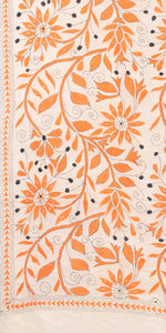 Cream Tussar Kantha Dupatta with Orange Floral Embroidery-Dupattas-parinitasarees