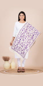 Cream Tussar Kantha Dupatta with Purple Floral Embroidery-Dupattas-parinitasarees