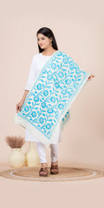Cream Tussar Kantha Dupatta with Sky Blue Floral Embroidery-Dupattas-parinitasarees