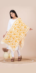 Cream Tussar Kantha Dupatta with Yellow Floral Embroidery-Dupattas-parinitasarees