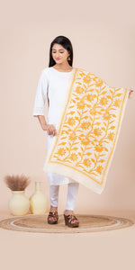 Cream Tussar Kantha Dupatta with Yellow Floral Embroidery-Dupattas-parinitasarees