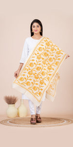 Cream Tussar Kantha Dupatta with Yellow Floral Embroidery-Dupattas-parinitasarees