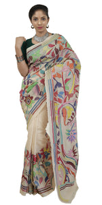 Cream Tussar Silk Kantha Saree with Beautiful Pallav-Kantha saree-parinitasarees