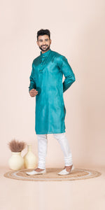 Cyan Pure Kosa Silk Men's Kurta with Silk Mark-Men's Kurtas-parinitasarees