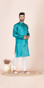 Cyan Pure Kosa Silk Men's Kurta with Silk Mark-Men's Kurtas-parinitasarees