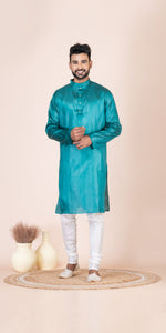 Cyan Pure Kosa Silk Men's Kurta with Silk Mark-Men's Kurtas-parinitasarees