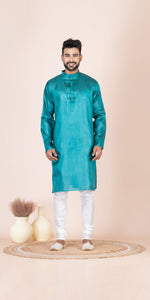 Cyan Pure Kosa Silk Men's Kurta with Silk Mark-Men's Kurtas-parinitasarees