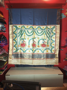 Dark Blue Madhubani Painted Bapta Tussar Saree-parinitasarees