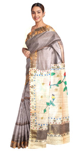 Dark Chocolate Madhubani Painted Bapta Tussar Silk Saree-Tussar Saree-parinitasarees