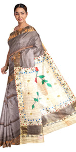 Dark Chocolate Madhubani Painted Bapta Tussar Silk Saree-Tussar Saree-parinitasarees