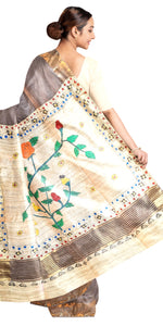 Dark Chocolate Madhubani Painted Bapta Tussar Silk Saree-Tussar Saree-parinitasarees