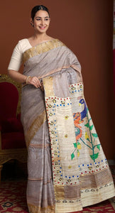 Dark Chocolate Madhubani Painted Bapta Tussar Silk Saree-Tussar Saree-parinitasarees
