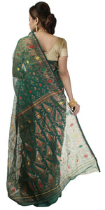 Deep Green Muslin Saree with Dhakai Motifs-Muslin saree-parinitasarees