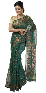 Deep Green Muslin Saree with Dhakai Motifs-Muslin saree-parinitasarees