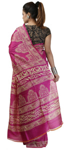 Deep Pink Bishnupuri Silk Saree with Block Prints-Bishnupuri silk saree-parinitasarees