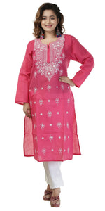 Deep Pink Cotton Chikankari Kurti with Floral Motifs-Women's Chikankari Kurti-parinitasarees