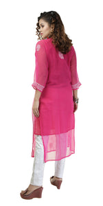 Deep Pink Georgette Chikankari Kurti with Floral Motifs-Women's Chikankari Kurti-parinitasarees