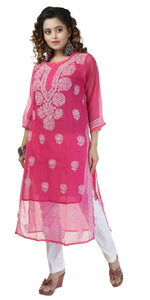 Deep Pink Georgette Chikankari Kurti with Floral Motifs-Women's Chikankari Kurti-parinitasarees