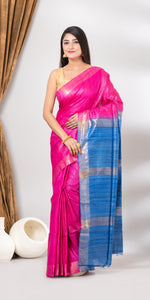 Deep Pink Ghicha Tussar Silk Saree with Blue Pallav-Tussar Saree-parinitasarees